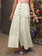 Solid Color Layered Front Button Slit Hem Back Elastic Waist Skirt - Beige