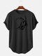 Mens Lion Print Round Neck Light Casual Short Sleeve High Low T-Shirts - Black