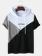 Mens Letter Print Colorblock Stitching Hooded Short Sleeve T-Shirt - White