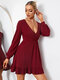 Solid Cross Wrap Ruffle V-neck Long Sleeve Casual Dress - Wine Red