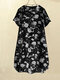 Women Monochrome Rose Print Quarter Button Short Sleeve Dress - Black