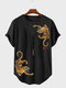 Camisetas masculinas de manga curta com estampa de tigre chinês com bainha curva - Preto