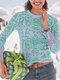 Vintage Calico Printed Long Sleeve O-neck Button T-shirt For Women - Green