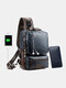Men Vintage Multifunction PU Leather Earphone Hole USB Charging Crossbody Bag Chest Bag Sling Bag - Blue(include sling bag & wallet)