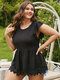 Plus Size Plain Backless Knotted Ruffle Patchwork Tank Top - Black