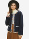 Casual Fleece Patch Long Sleeve Jacket For Women - Navy