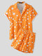 Mens Polka Dot Print Lapel Drawstring Shorts Casual Two Pieces Outfits - Orange