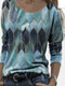 Vintage Print O-neck Long Sleeve Plus Size T-shirt For Women - Blue