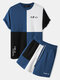 Trajes diarios de dos piezas con costuras en bloque de color con estampado japonés para hombre - azul