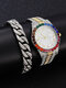 2 Pcs/Set Alloy Men Casual Full Rhinestone Watch Decorated Pointer Calendar Quartz Watch Chain Bracelet - Gold 1