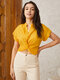 Solid Twisted Button Lapel Short Sleeve Crop Blouse - Yellow