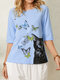 Women Butterflies Cat Print Button O-neck Half Sleeve Casual T-Shirt - Blue