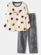 Mens Cute Cat Star Pattern Letter Embroidered Round Neck Flannel Thick Pajamas Set - Beige