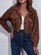 Corduroy Solid Color Button Lapel Collar Pocket Cropped Jacket - Brown