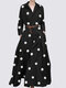 Polka Dot Print Pleated Pocket Long Sleeve Maxi Dress - Black