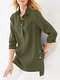 Solid High-low Pocket Button Half Placket 3/4 Sleeve Blouse - Dark Green