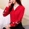 New Embroidered Shirt V-neck Shirt Female Long-sleeved Floating Bandwidth Loose Large Size Chiffon Shirt - Red