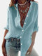 Solid Color Long Sleeve Stand Collar Casual Shirt For Women - Blue