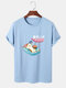 Mens Cartoon Cat Character Print Crew Neck Short Sleeve T-Shirts - Light Blue