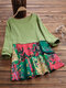 Casual Vintage Patchwork Floral Print O-neck Long Sleeve Blouse - Green