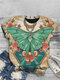 Vintage Butterfly Floral Print O-neck Short Sleeve T-Shirt For Women - Green