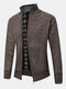 Mens Rib Knit Stand Collar Zip Up Casual Cardigans With Pocket - Coffee