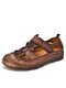 Men Leather Splicing Hand Stitching Slip Resistant Outdoor Sandals - Red Brown