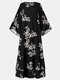 فستان ماكسي بطبعة زهور وياقة مستديرة وأكمام طويلة للنساء - أسود