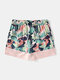 Men Tropical Leaves Mesh Inner Drawstring Beaches Shorts - Pink