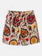 Mens Floral Totem Print Casual Drawstring Waist Shorts - Apricot