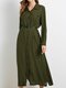 Solid Color Long Sleeve Button Lapel Maxi Dress With Belt - Green