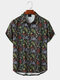 Mens Mushroom Leaf Print Button Up Short Sleeve Shirts - Black