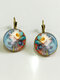 Vintage Lotus Feather Pattern Round-shaped Time Gemstone Glass Alloy Ear Hook Earrings - #02