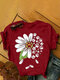 Daisy Floral Printed Short Sleeve O-neck T-shirt - Wine Red