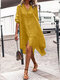 Solid Color Button Long Sleeve High-low Hem Casual Dress - Yellow