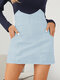 Solid Irregular High Waist Pocket Zipper Front Skirt - Light Blue