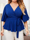 Solid Color V-neck Short Sleeve Knotted Plus Size Ruffle Blouse - Blue