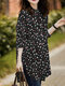 Allover Floral Print Stand Collar Long Sleeve Casual Blouse - Black