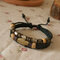 Vintage Leather Multi-layer Bracelet Adjustable Leaf Pendant Beaded Bracelet Ethnic Jewelry - Black