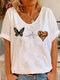 Butterfly Printed V-neck Short Sleeve T-shirt For Women - White
