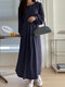 Solid Long Sleeve Pleated Crew Neck Maxi Dress For Women - Navy