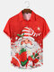 Mens Allover Christmas Santa Claus Printed Lapel Short Sleeve Shirts - Red