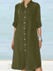 Solid Long Sleeve Button Front Stand Collar Dress - Dark Green