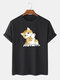 Camisetas masculinas Cartoon Cat com gola redonda casual de manga curta - Preto