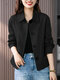 Women Solid Lapel Double Pocket Button Front Casual Jacket - Black