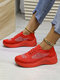 Plus Size Women Casual Breathable Mesh Rhinestone Lace Up White Wedges Sneakers - Red