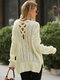Beige Back Hollow-out V-neck Slit Hem Long Sleeve Sweater - White