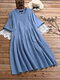 Casual Pleated Solid Color Crewneck Plus Size Dress - Blue