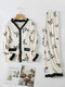 Plus Size Damen Pyjama-Sets aus Baumwolle mit V-Ausschnitt und geripptem V-Ausschnitt mit Schmetterlingsmuster - Beige