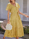 Floral Print Split Hem Tie Short Sleeve V-neck Dress - Yellow